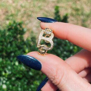 "B" Initial Rhinestone Chain Link Band Adjustable Ring Size 5.5-6